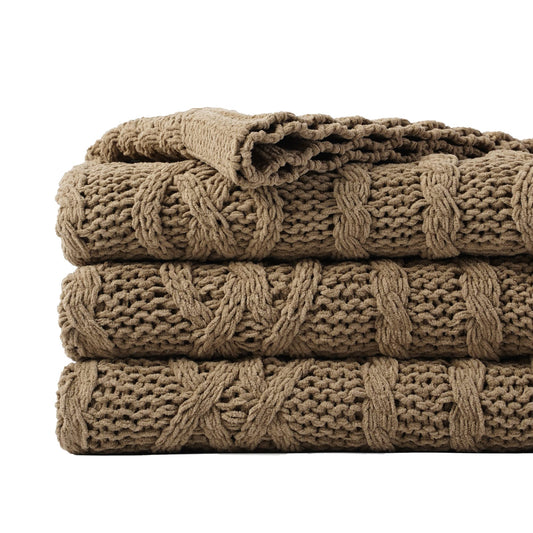 Battilo Camel Tan Throw Blanket for Couch,51"x67", Cable Chenille Knitted Throw Blankets for Bed, Sofa, Chair,Living Room, Soft Cozy Thick Warm Decorative Textured Blanket.