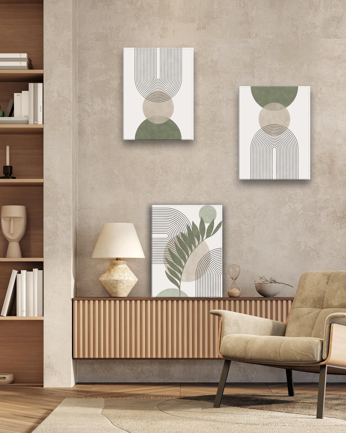 HesenDot 30x40CM Sage Green Boho Wall Art,Framed Canvas Bathroom Wall Art Pictures, Mid-Century Modern Wood Framed Abstract Prints for Bedroom,Minimalist Office Wall Decor 3Pack