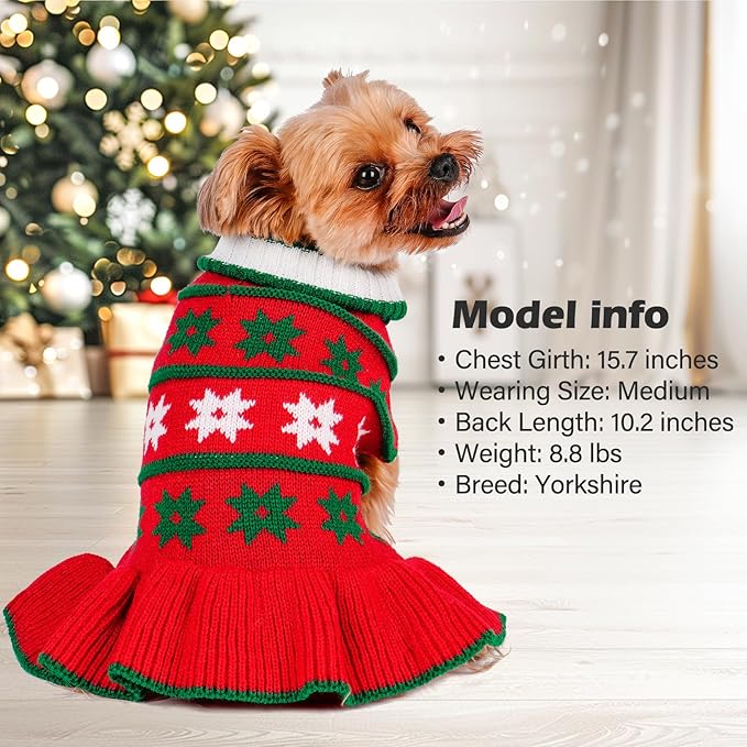 KYEESE Dog Christmas Sweater Knit Dog Sweater for Small Dogs with Snowflake Warm Dogs Clothes Pet Coats Turtleneck Pet Sweater Dress with Leash Hole, Girl Red, X-Large