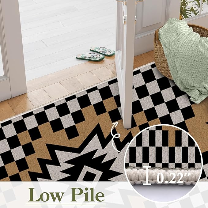 Western Aztec Long Hallway Rug Runners, 2x8ft, Modern Brown Diamond Check Area Carpet for Living Room, Easy Clean Fade Resistant Durable Foldable Pet Friendly Rugs for Front Door