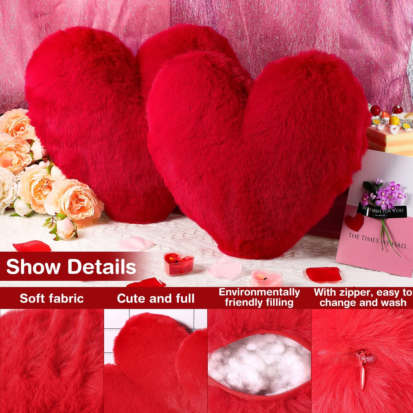 Marsui 2 Pcs Heart Throw Pillows, Soft Fluffy Faux Fur Decorative Hearts Shaped Pillows for Living Room Sofa Bed, Cute Heart Themed Gift for Mother(Red,11.81 x 11.02 Inch)