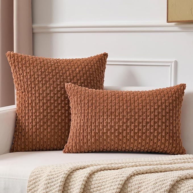 Kevin Textile Decorative Pillow Covers Set of 2 Striped Plush Corduroy Pillows Pillowcases Boho Home Decor Cushion Covers for Couch Sofa Bed Living Room 26x26 Inch, Burnt Orange