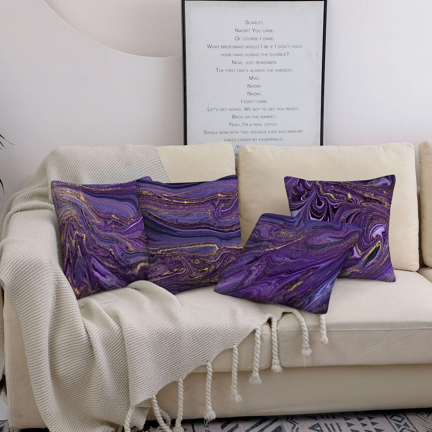 Bapcoku Purple Gold Marble Pillow Covers Set of 4 Purple Decorative Throw Pillow Cases for Sofa Couch Bed Chair Living Room Decor Abstract Cushion Covers 18"x18"