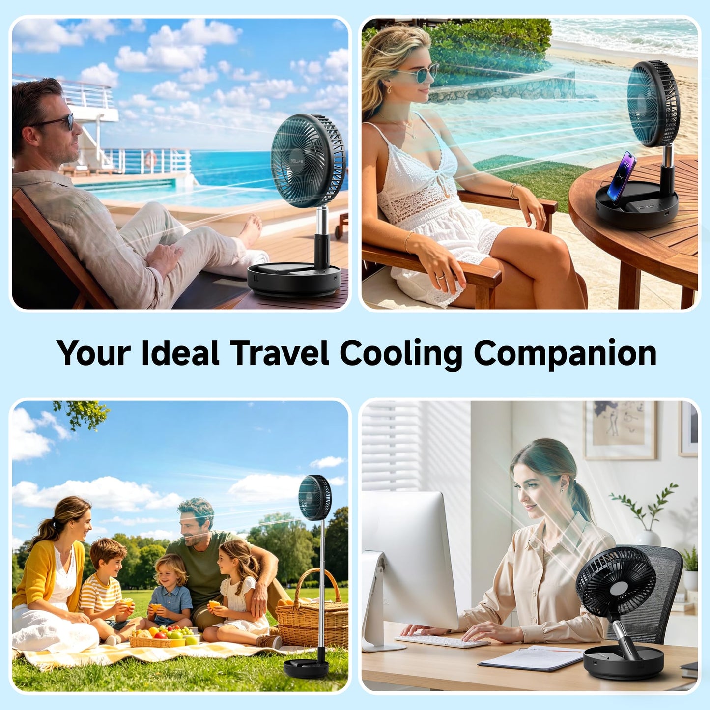 Belife X8 Portable Fan, 7200mAh Battery Powered Rechargeable, Oscillating USB Desk Floor Fan with Remote, Foldable Telescopic Fan for Home Bedroom Sleeping Office Camping Travel, 7.7" (Black)