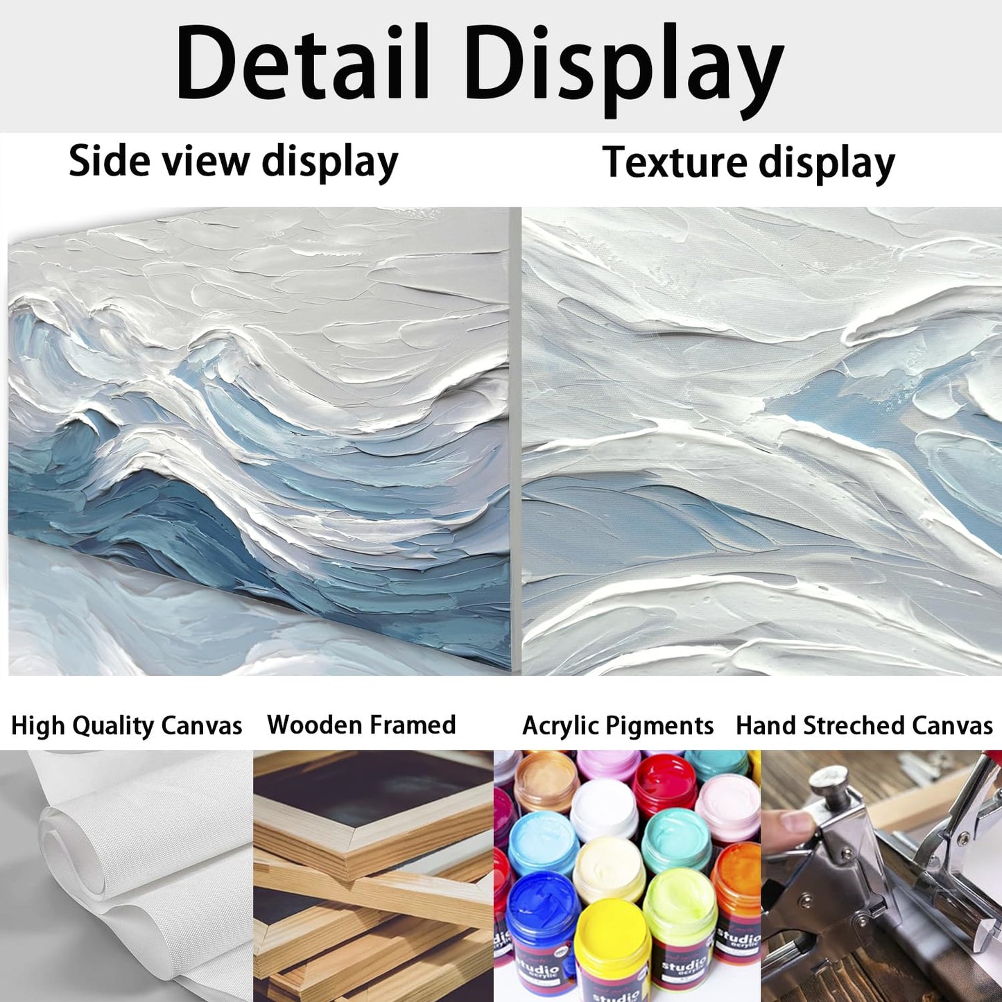 TRAIN2 ART Abstract Wall Art for Living Room Blue and White Ocean Paintings Wall Decor Modern 3D Textured Canvas Wall Art Large Artwork for Living Room Bedroom Office 20"x40"