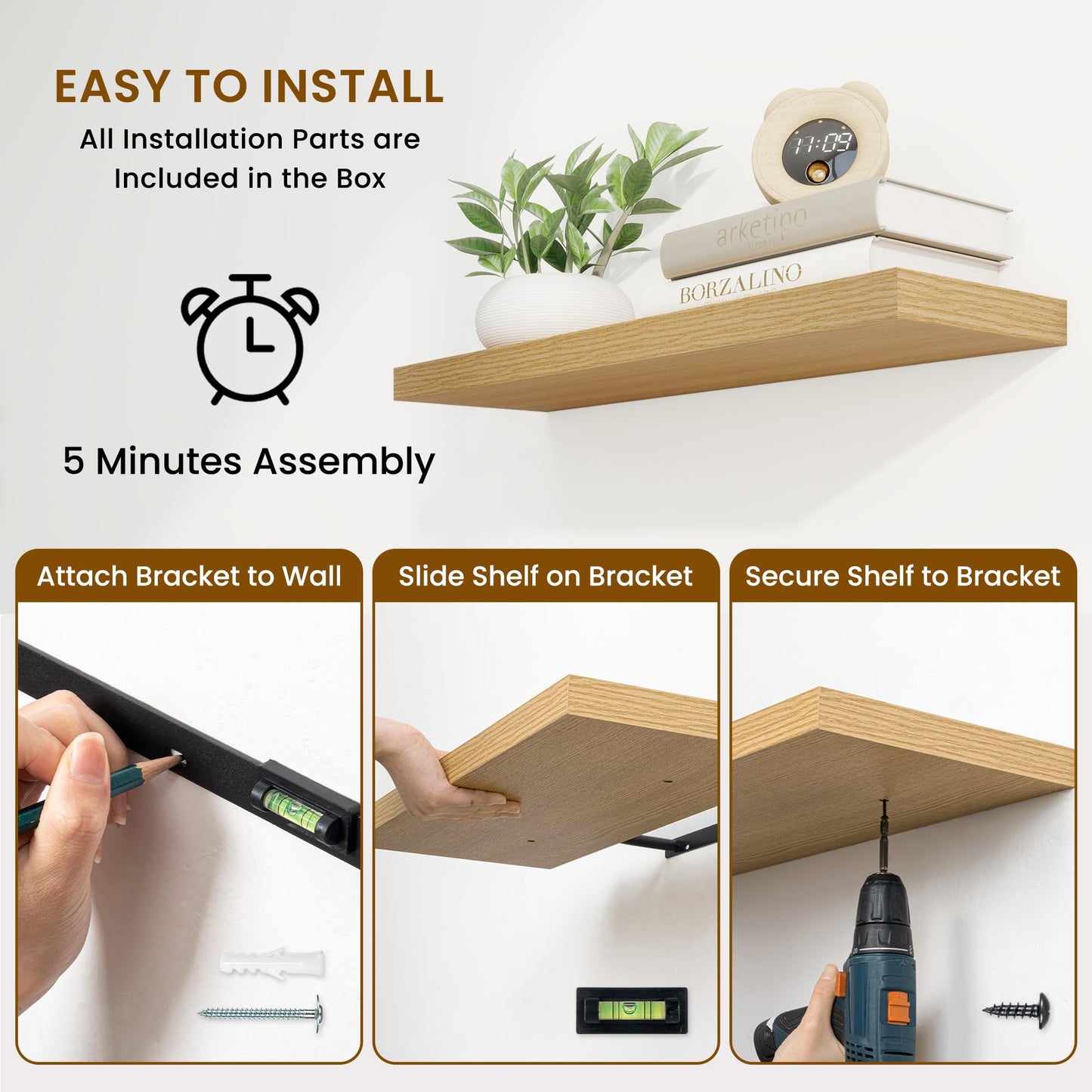 Fun Memories 9.3Inch Deep Floating Shelves for Wall, 30 Inch Rustic Wood Wall Mounted Shelves for Bathroom, Bedroom, Kitchen, Deep Floating Shelf for Storage & Home Decor (Oak, Set of 2)