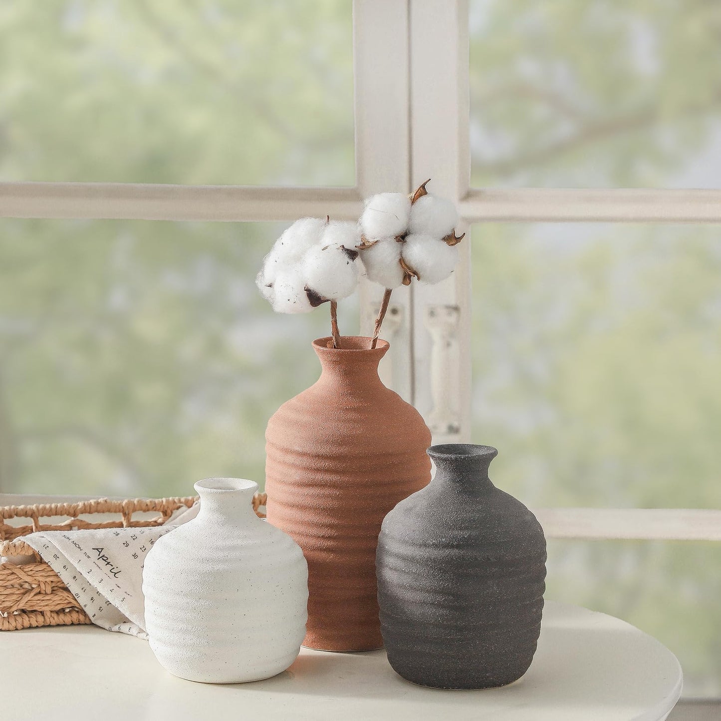 Dobbyby Ceramic Vase Set of 3 Decorative Vase for Home Decor Modern Farmhouse Decor Pottery Neutral Vases for Living Room Bathroom Table Mantel Fireplace Entryway Shelf (02-Brown)