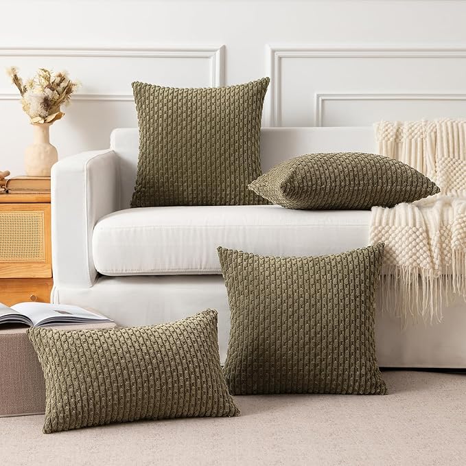 Kevin Textile Pack of 2 Corduroy Decorative Throw Pillow Covers 16x16 Inch Soft Boho Striped Pillow Covers Modern Farmhouse Home Decor for Sofa Living Room Couch Bed Olive Green