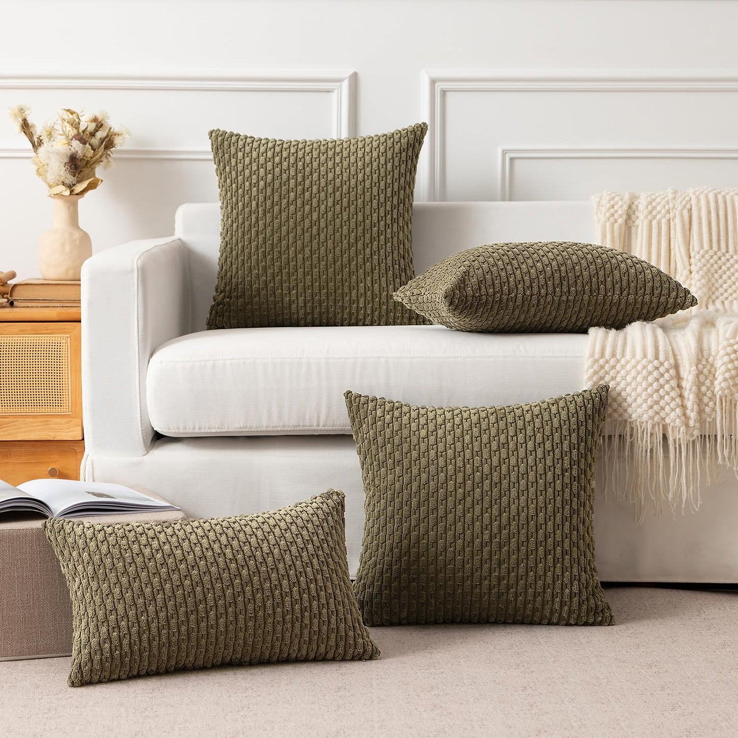 Kevin Textile Pack of 2 Corduroy Decorative Throw Pillow Covers 22x22 Inch Soft Boho Striped Pillow Covers Modern Farmhouse Home Decor for Spring Sofa Living Room Couch Bed Olive Green