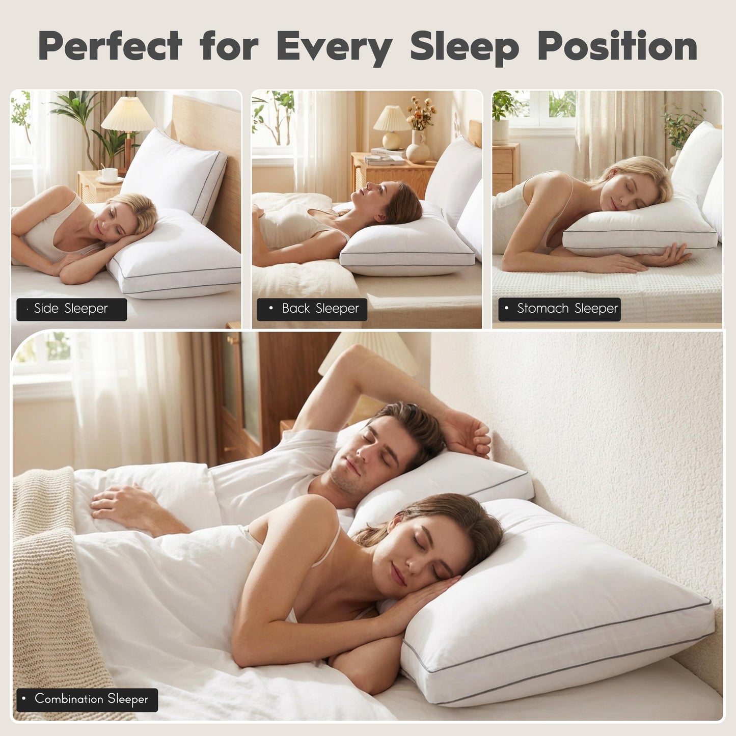 Ubauba Goose Feather Down Fiber Pillows Queen Size Set of 2, Supportive Gusseted Luxury Hotel Pillow, Comfortable Bed Pillow for Sleeping, Cloud-Soft Pillow for Side, Back & Stomach Sleepers, 20x30 in
