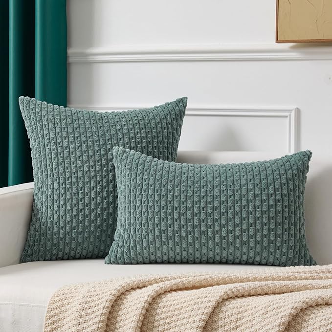 Kevin Textile Decorative Pillow Covers Set of 2 Striped Plush Corduroy Pillows Pillowcases Boho Home Decor Cushion Covers for Couch Sofa Bed Living Room 24x24 Inch, Teal Green