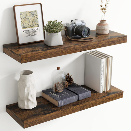 30 Inch Floating Shelves for Wall, 8 Inch Deep Floating Shelf for Storage & Display, Wall Mounted Shelf with Invisible Brackets for Living Room, Kitchen, Bathroom, Home Decor, Set of 2, Rustic Brown