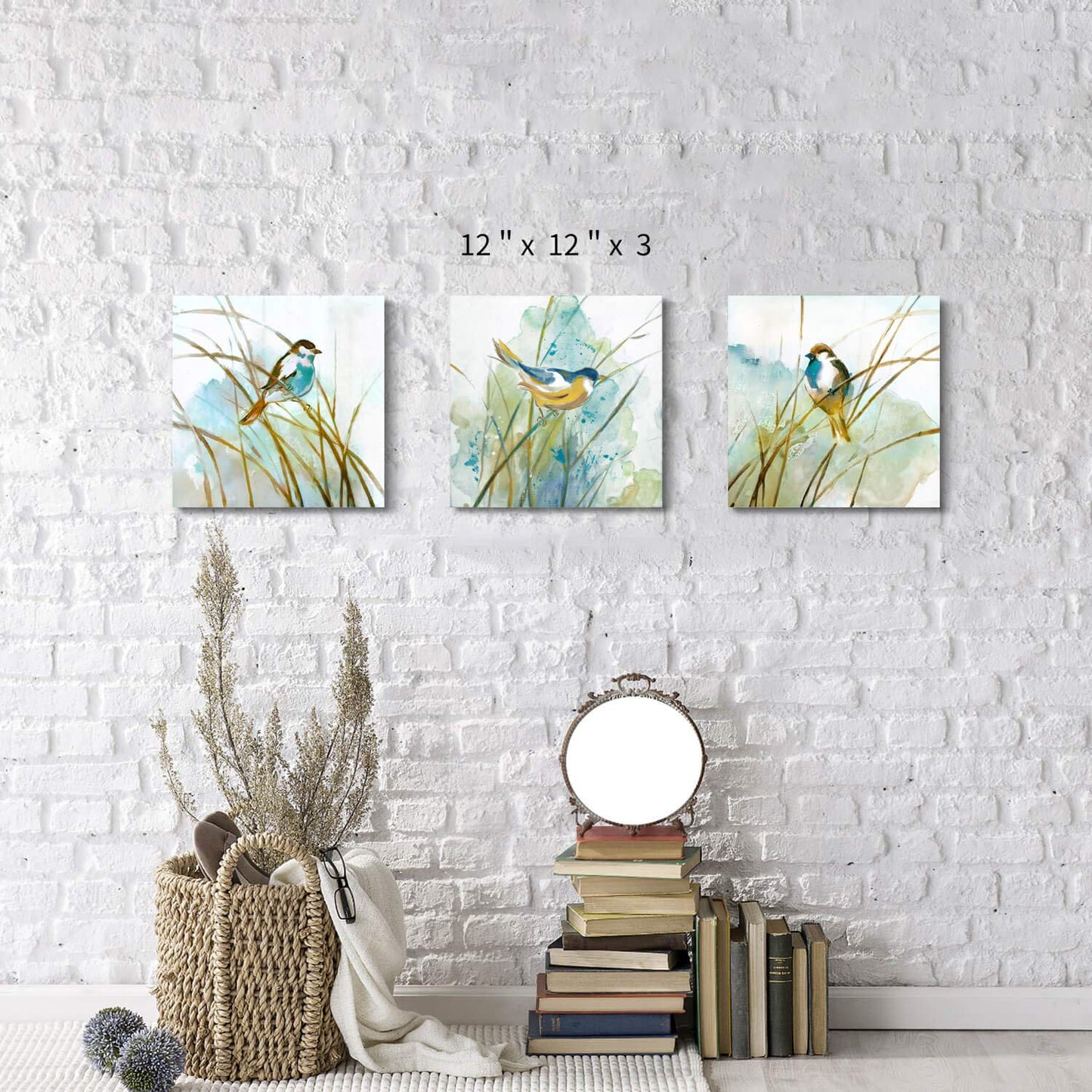 Hardy Gallery Abstract Birds Painting Wall Art: Colorful Birds in Grass Artwork Animal Picture on Canvas Prints for for Living Room (12” x 12” x 3 Panels)