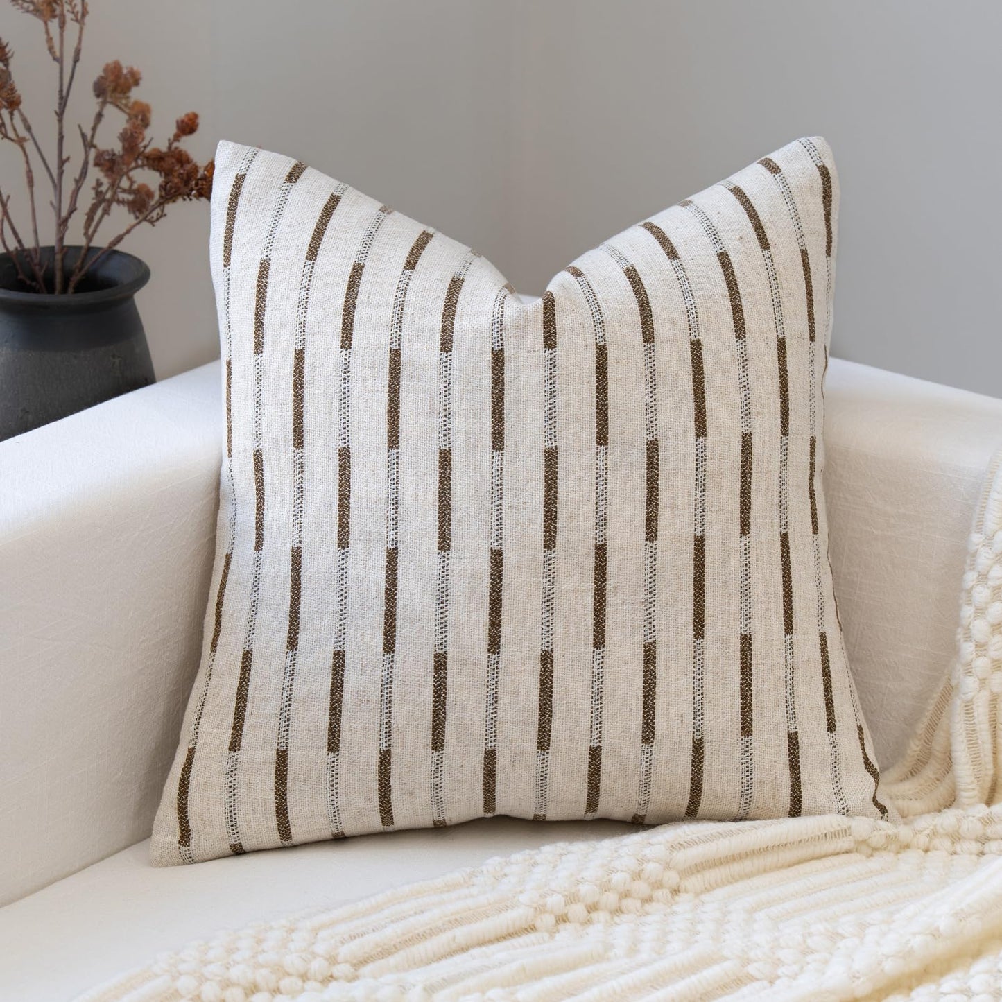 FIOUOVO Decorative Neutral Throw Pillow Covers 20x20 Farmhouse Pillow Covers Cotton Stripe Cushion Covers Home Decor for Sofa Couch Living Room Bedroom 1PC, Bold Stripe