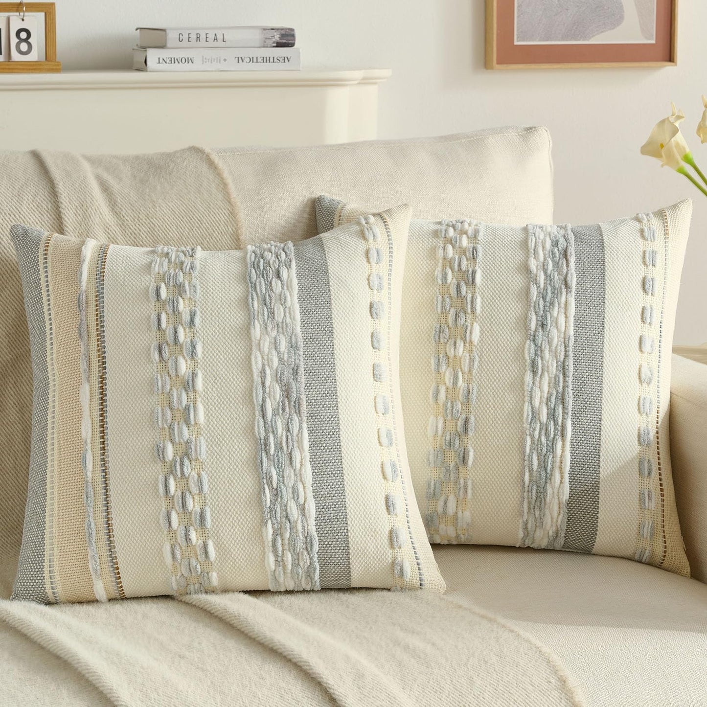 FUTEI Pack of 2 Boho Chenille Decorative Throw Pillow Covers 18x18 Inch Soft Tufted Striped Textured Cushion Case,Farmhouse Accent for Couch Bed Living Room, Grey Blue White