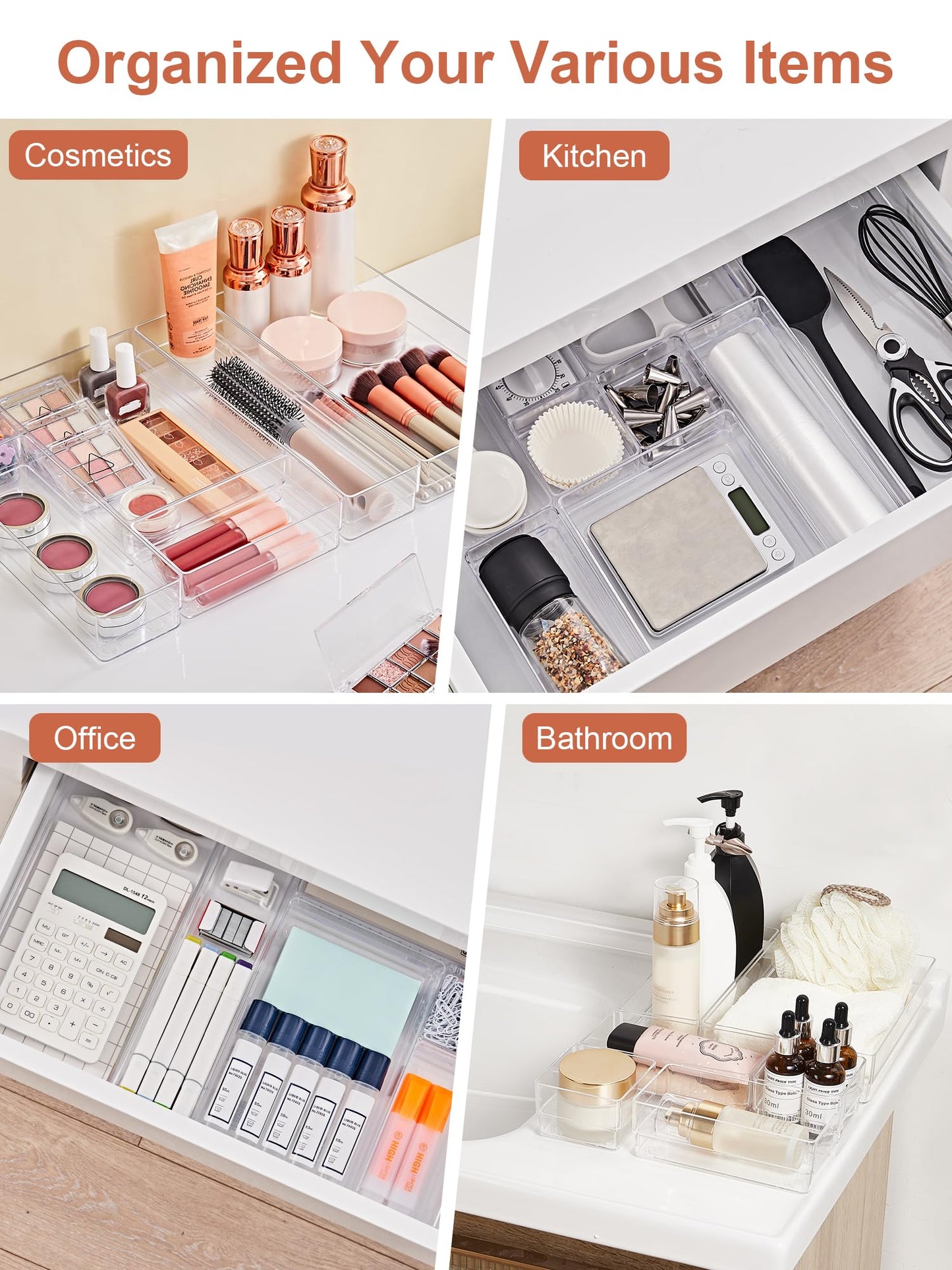 SMARTAKE 30-Piece Drawer Organizer with Non-Slip Silicone Pads, 7-Size Desk Drawer Organizer Trays Storage Tray for Makeup, Jewelries, Utensils in Bedroom Dresser, Office and Kitchen (Clear)