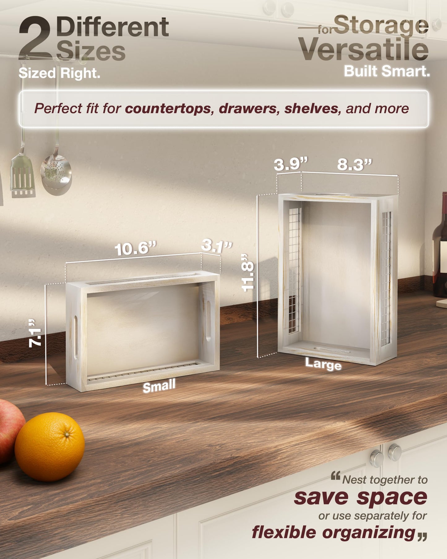 NAGAWOOD Wooden Countertop Baskets Set of 2 for Kitchen, Bathroom, Pantry|Wall Mount Upgrade with Full Accessories| Rustic Nesting Boxes|Wooden Organizer Crates for Fruit, Vegetables, Produce, Bread