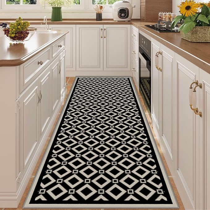 Moroccan Trellis Bedroom Area Carpets, 2.6x10ft, Modern Checkered Washable Hallway Runner Rugs, with Non Slip Backing Durable Cozy Low Pile Rug for Kitchen Bath Room Laundryroom