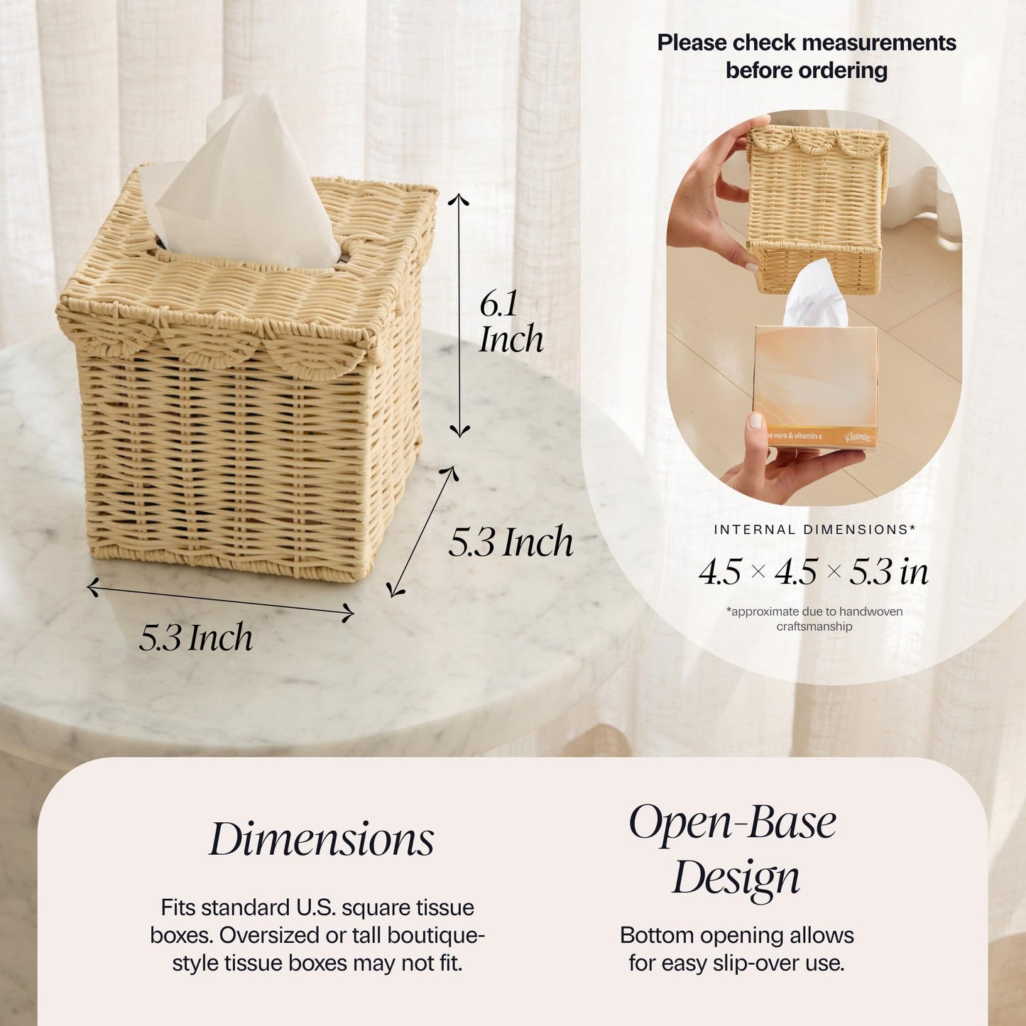 BEBE BASK Handwoven Scalloped Square Tissue Box Cover (4.5 × 4.5 × 5.3 in) – Rattan Tissue Box Cover Square – Elegant Home Accent - Natural