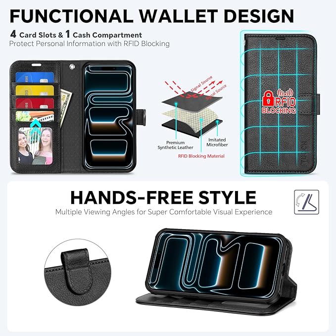 TUCCH Detachable Case Wallet for iPhone 17 Pro Max (6.9") 2025, Removable Wrist Strap, Wireless Charging, Stand, 4 Card Slots RFID Blocking, 2-in-1 Magnetic, PU Leather Flip Cover, Textured Black