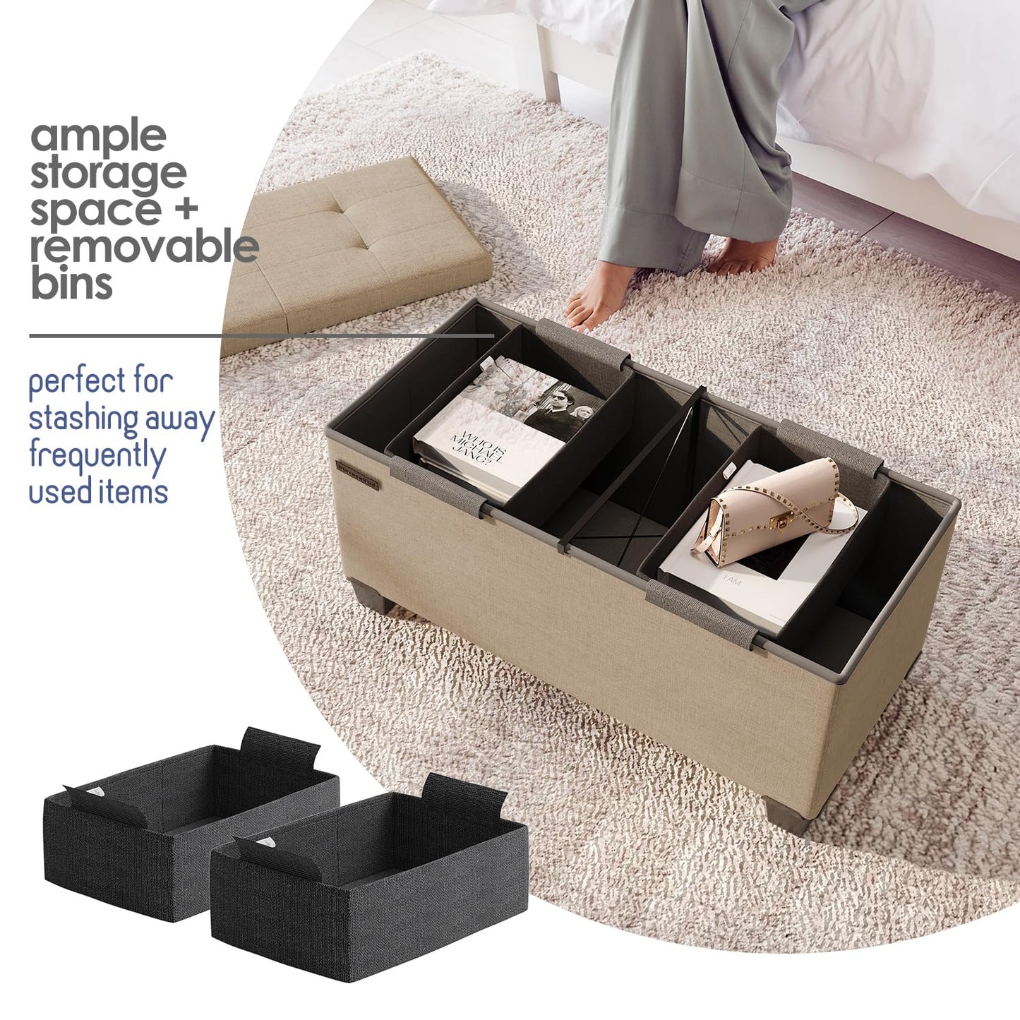 Storage Ottoman Bench with Bins, 30-in Storage Bench for Bedroom End of Bed, Folding Foot Rest Ottoman for Living Room Max 660lbs, Fabric Ottomans, Taupe
