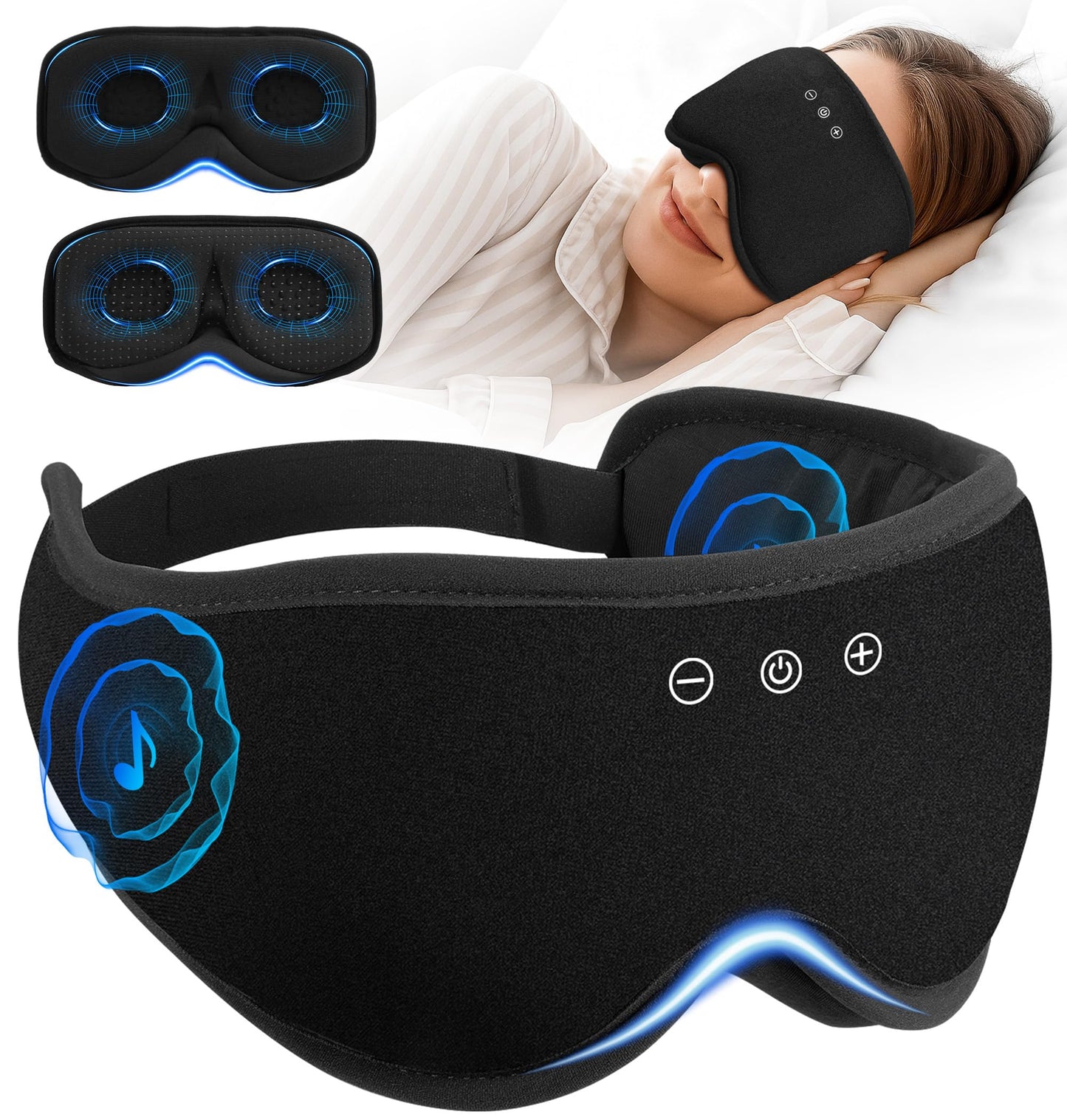 Bluetooth Sleep Mask with 2 Removable 3D Contoured Cup, Bamboo Cotton Bluetooth Sleep Headphones for Side Sleepers with Timming Setting, Blackout Eye Mask for Travel Meditation Men Women