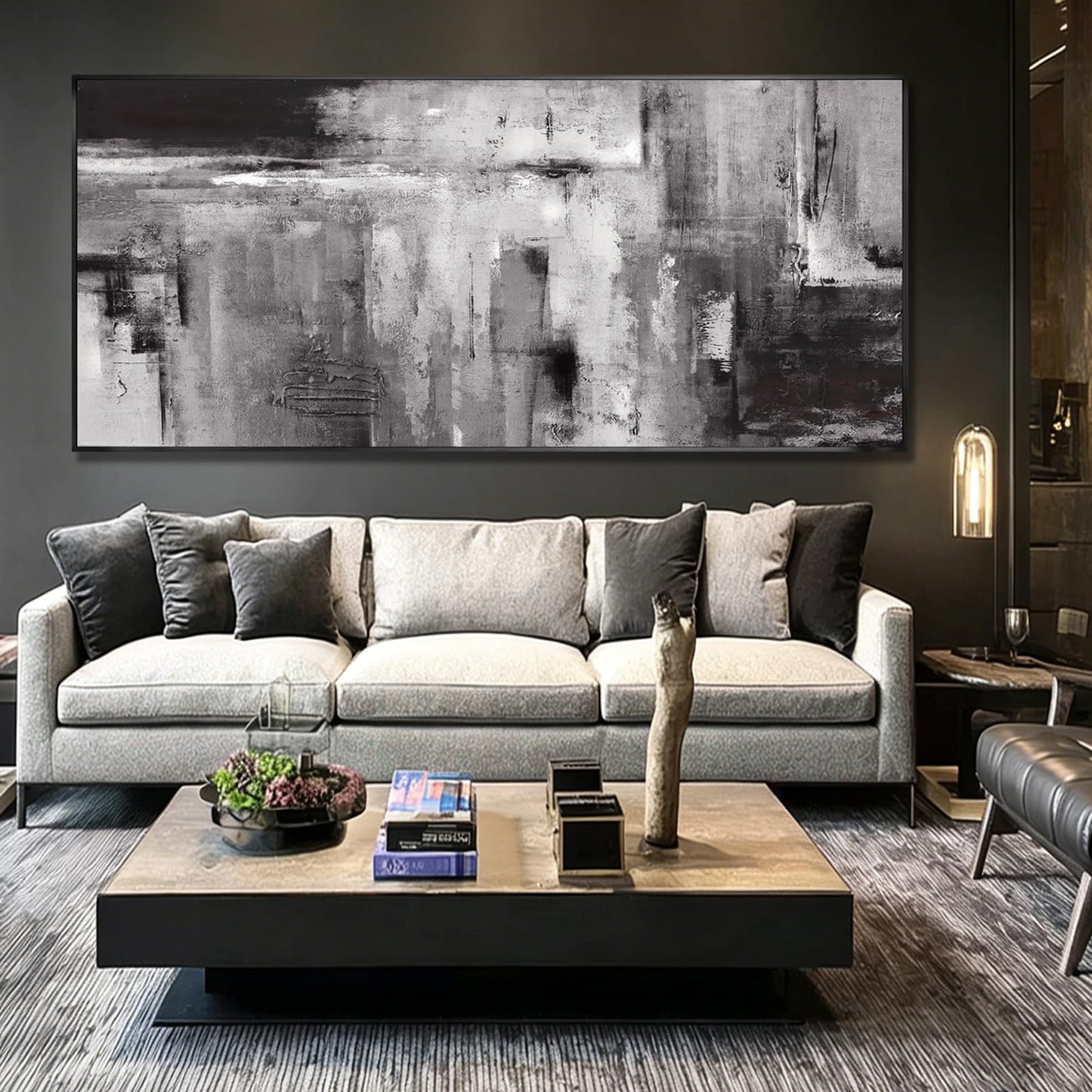 Large Framed Black and Grey Wall Art for Living Room,Neutral Abstract Canvas Wall Decor Modern Canvas Prints for Bedroom Office 32"x70"