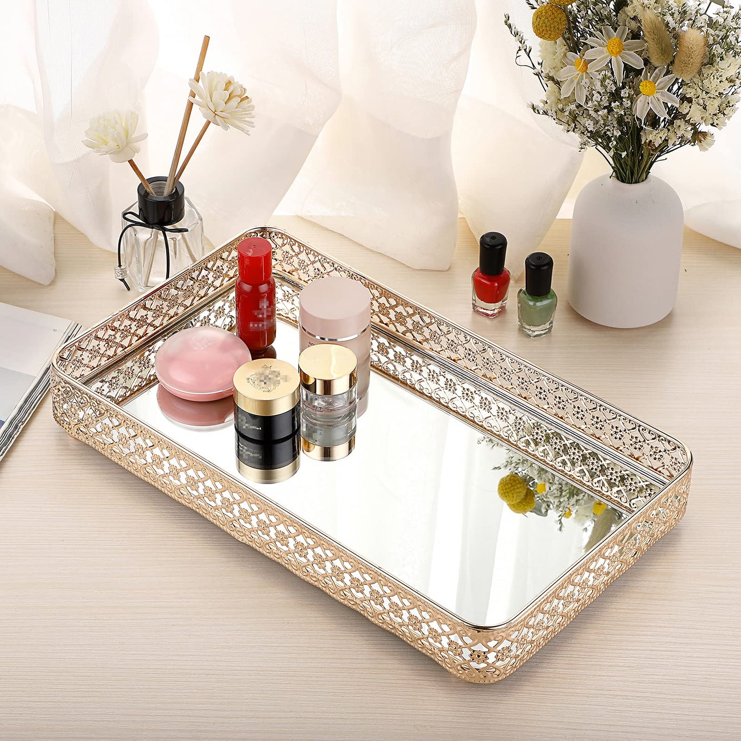 ELLDOO Gold Perfume & Makeup Vanity Tray - Hollow-Carved Jewelry Storage, Glass & Metal Trinket Organizer for Dresser & Bathroom Countertop, Large Size