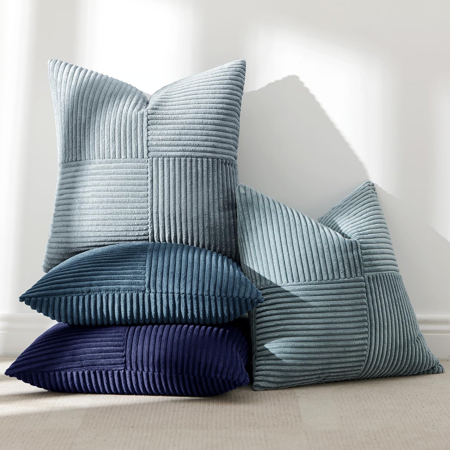 ANRODUO Pack of 4 Decorative Throw Pillows for Couch Neutral Blue 18x18 Inch Boho Cozy Soft Corduroy Cushion Covers Farmhouse Accent Pillowcases for Mid Century Coastal Summer Home Decor Living Room