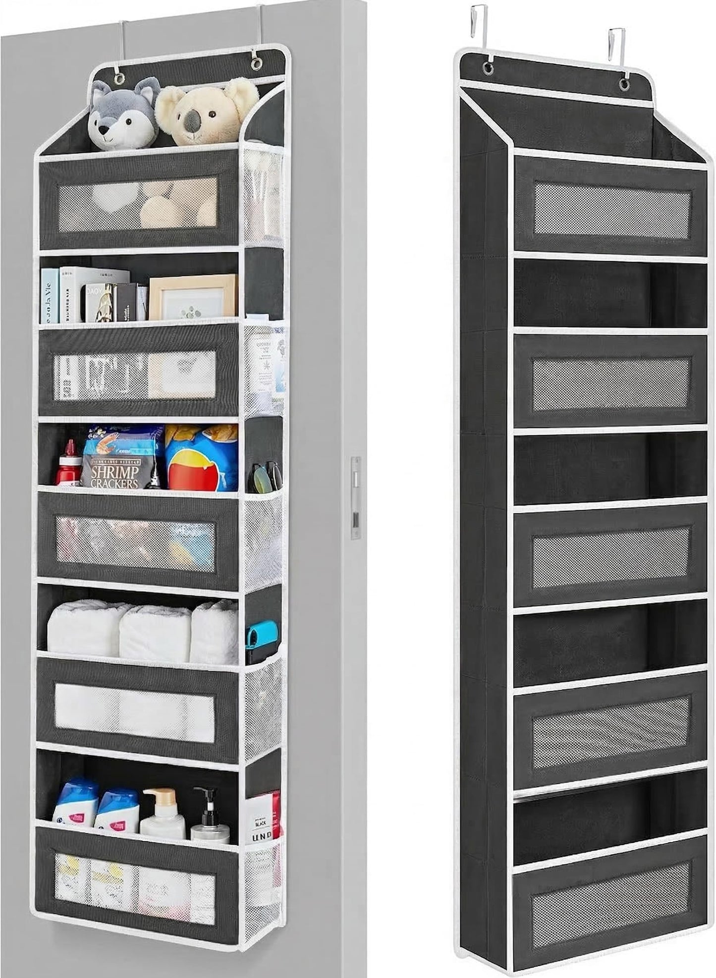 MINJINGXI Over the Door Organizer, 5-Tier Hanging Storage Organizer with Extra Large Pockets, Anti-Tilt & Heavy Duty 44 lb Load, Space Saving Door Organizer for Bedroom (Black, 5 Tier)