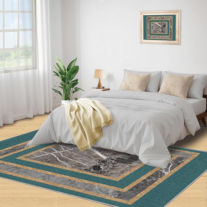 Emerald Green Marble Rug Luxury Teal Marble Area Rug Gilded Geometric Carpet Vintage Stone Crack Carpet for Bedroom Bedside Living Room 7x9ft