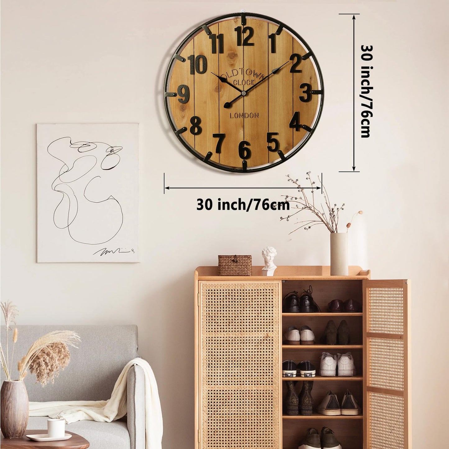 Vantic Farmhouse 30 Inch Extra Large Decorative Wall Clock with Metal Circlee, Oversized Wood Wall Clock with Large Arabic Numeral for Living Room, Bedrooms and Offices, Silent and Battery Operated
