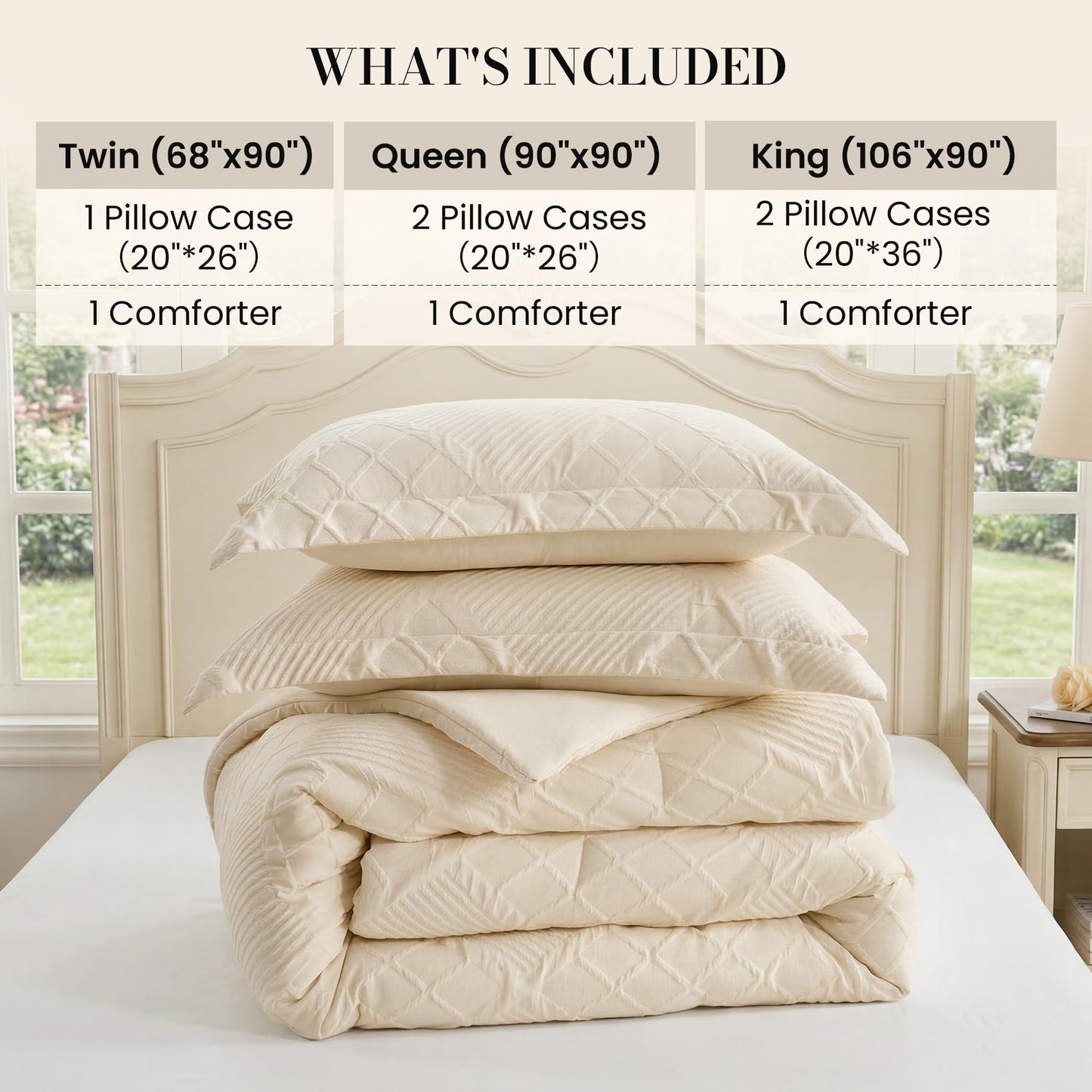 Amélie Home Queen Comforter Set, 3 Piece Beige Jacquard Bedding Set with 2 Pillow Cases, Soft Microfiber Diamond Design, Lightweight All-Season for Bedroom & Dorm