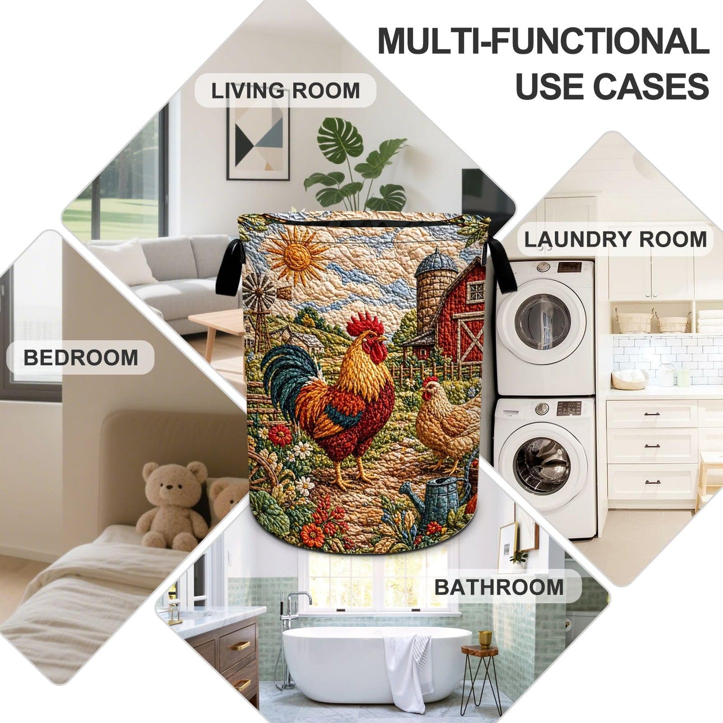 Rooster Print Laundry Basket Foldable Oxford Laundry Hamper With Handle For Room Bathroom Bedroom
