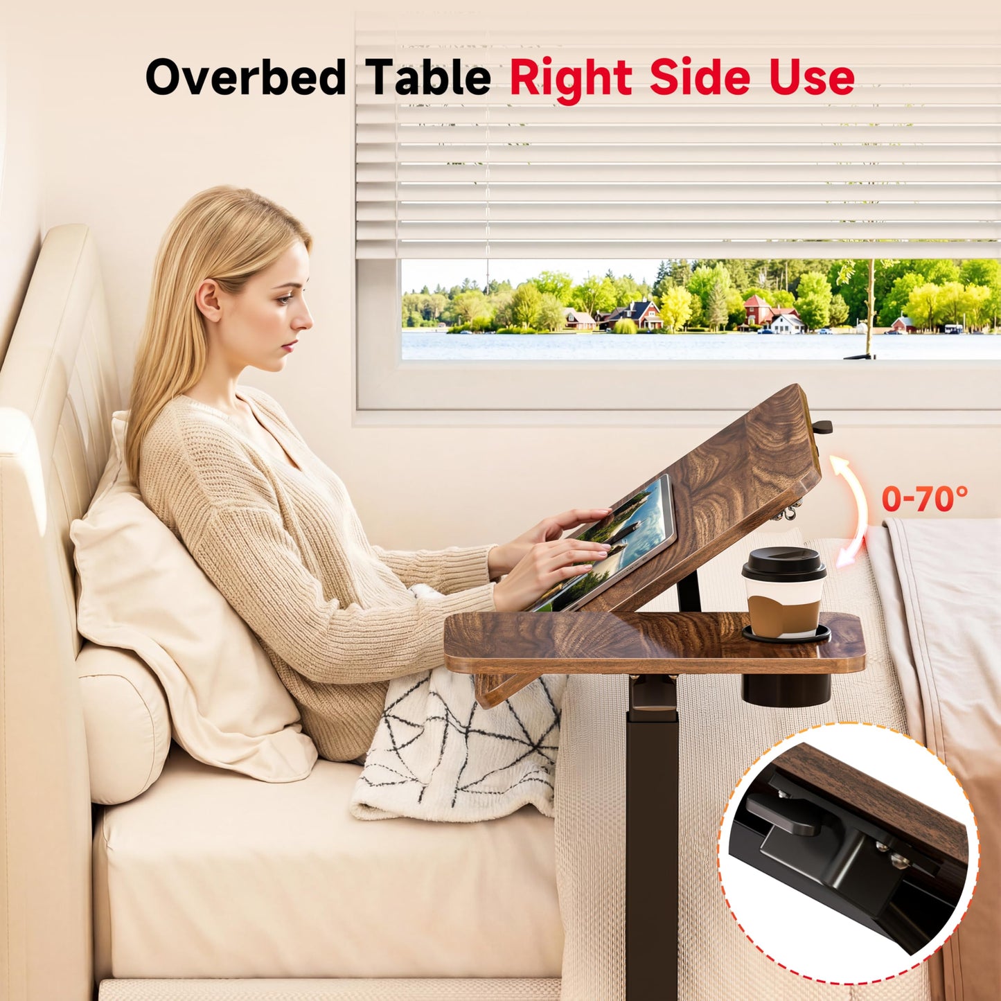 Okin Overbed Bedside Table with Wheels, Adjustable Medical Tilt Top Hospital Bed Table Over The Bed, Rolling Desk Mobile Standing Desk for Hospital Home Use (Walnut)