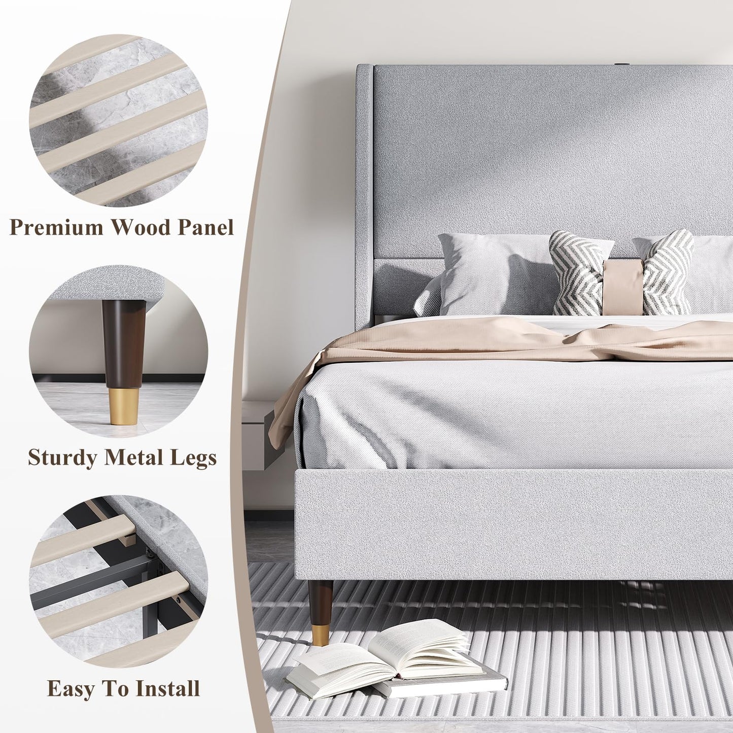 MALOL Full Bed Frame with Upholstered Linen Headboard, Platform Bed with USB Charging Ports, Sturdy Metal Frame, No Box Spring Required, Quiet Noise-Free Modern Bedroom Furniture, Grey