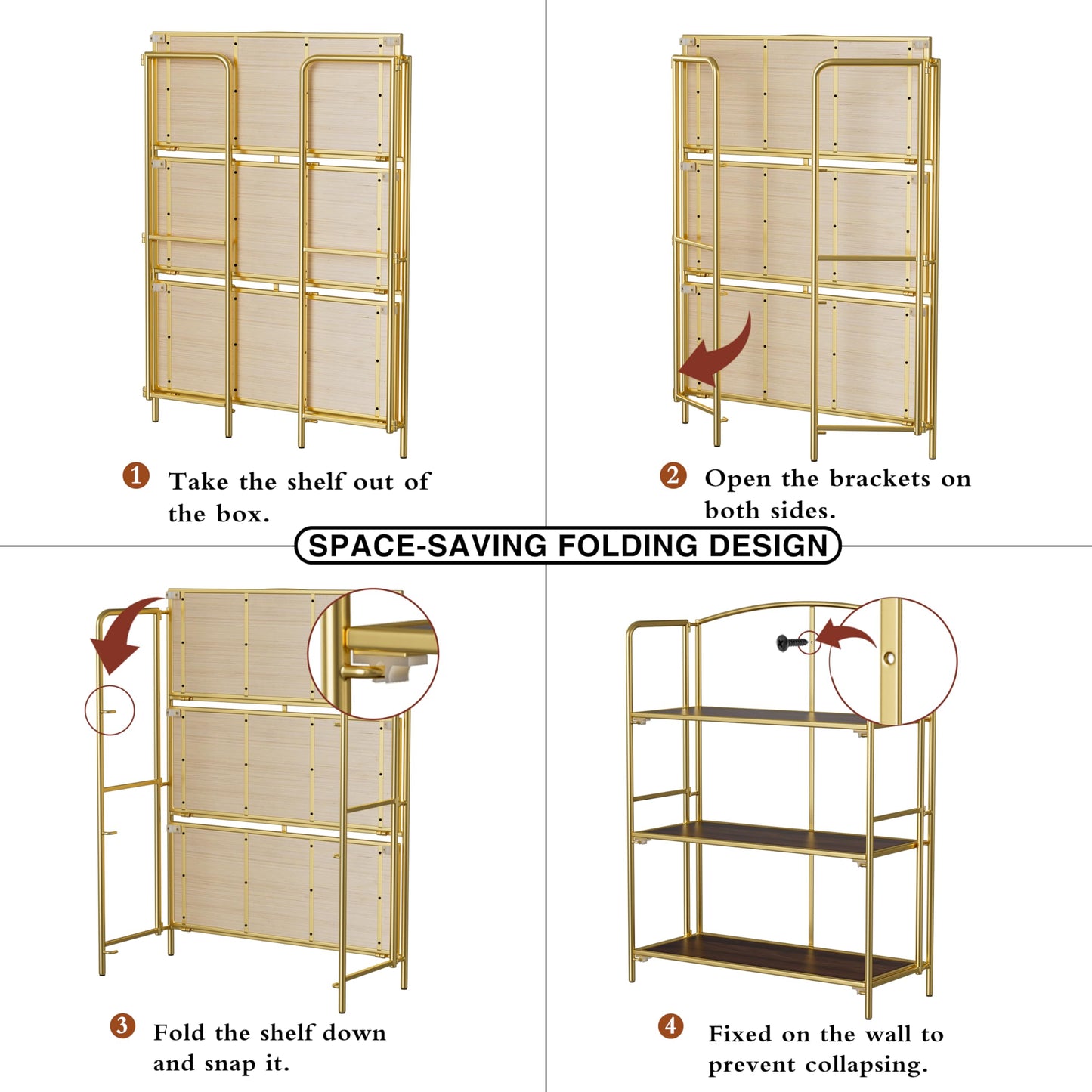 Crofy 3-Tier Wider Foldable Bookshelf, Gold Frame & Walnut Shelves