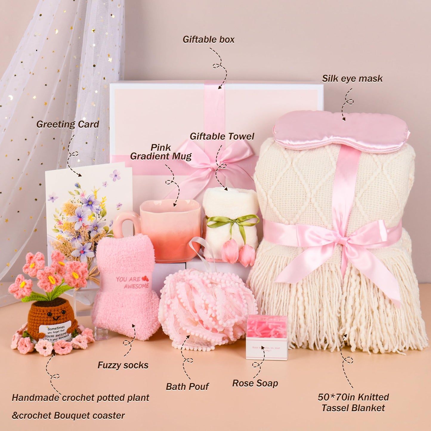 Kovtesiu Birthday Gifts for Women, Knitted Tassel Throw Blanket Pink Gift Basket with Handmade Crocheted Potted Plants and Flower Coasters, Inspirational for Mom Her Wife Friend Grandma