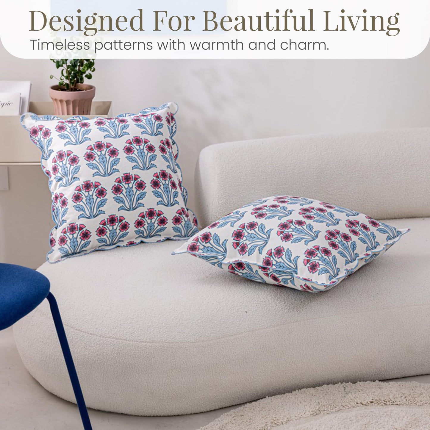 DrapePalette - Scalloped Throw Pillow Covers with Block Print Floral Patterns and Hidden Zipper - Pink Fern, 20 x 20 Inches Pack of 1 - Soft Indoor Pillow Case for Livingroom, Bedroom, or Lounge