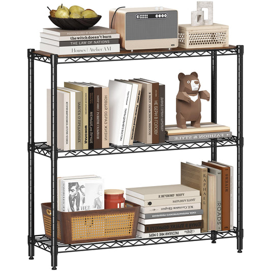 Homeiju 3-Tier Storage Rack, 29.8" Wide Heavy Duty Metal Shelving Unit, Top Tier with Removable Wood Board, 200 lbs Capacity per Shelf, for Pantry, Bathroom, Garage, Entryway, Plant Stand