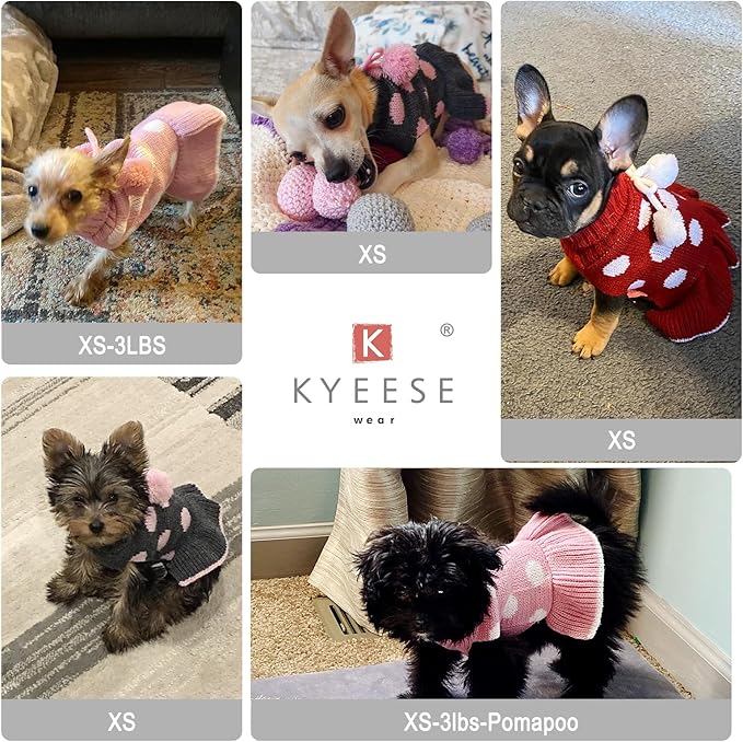 KYEESE Dog Sweaters with Leash Hole Small Turtleneck Dog Sweater Dress for Girl Polka Dot Knit Warm Pet Clothes with Pom Pom Ball