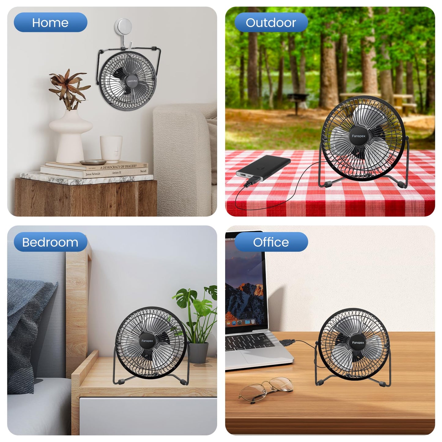 Fanspex 6" Small USB Desk Fan for Home Office Bedroom Desktop, Black