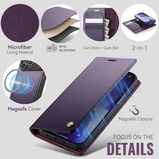 PlusnapX Wallet Case for iPhone 17 Pro Max Compatible with Magsafe, 2-in-1 PU Leather Flip RFID Blocking Card Holder Stand Shockproof Magnetic Detachable Cover for iPhone 17 Pro Max, Fashion Purple