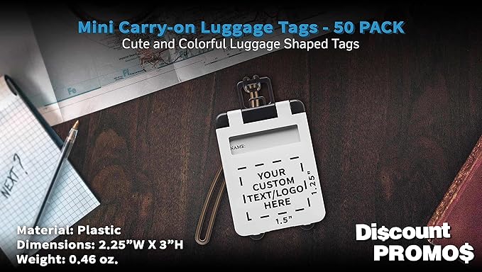 50 Mini Carry-on Luggage Tags Pack - Customizable Text, Logo - Flip Open Cover, ID Sticker - White