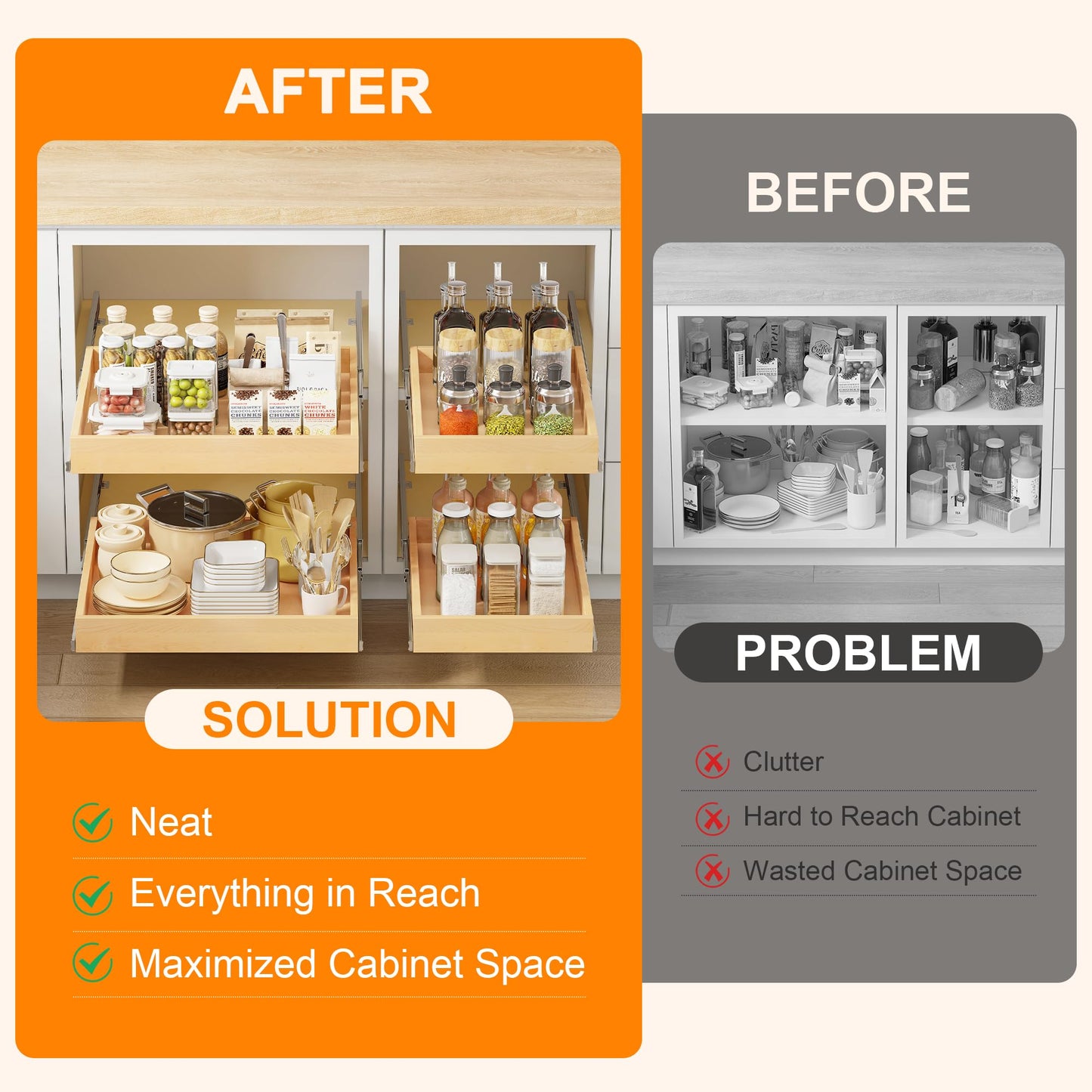 Salfanre Pull Out Cabinet Organizer, 8" W x 21" D Soft Close Pull Out Drawers for Cabinets with Heavy Duty Slides, Wood Slide Out Drawers for Kitchen Cabinets