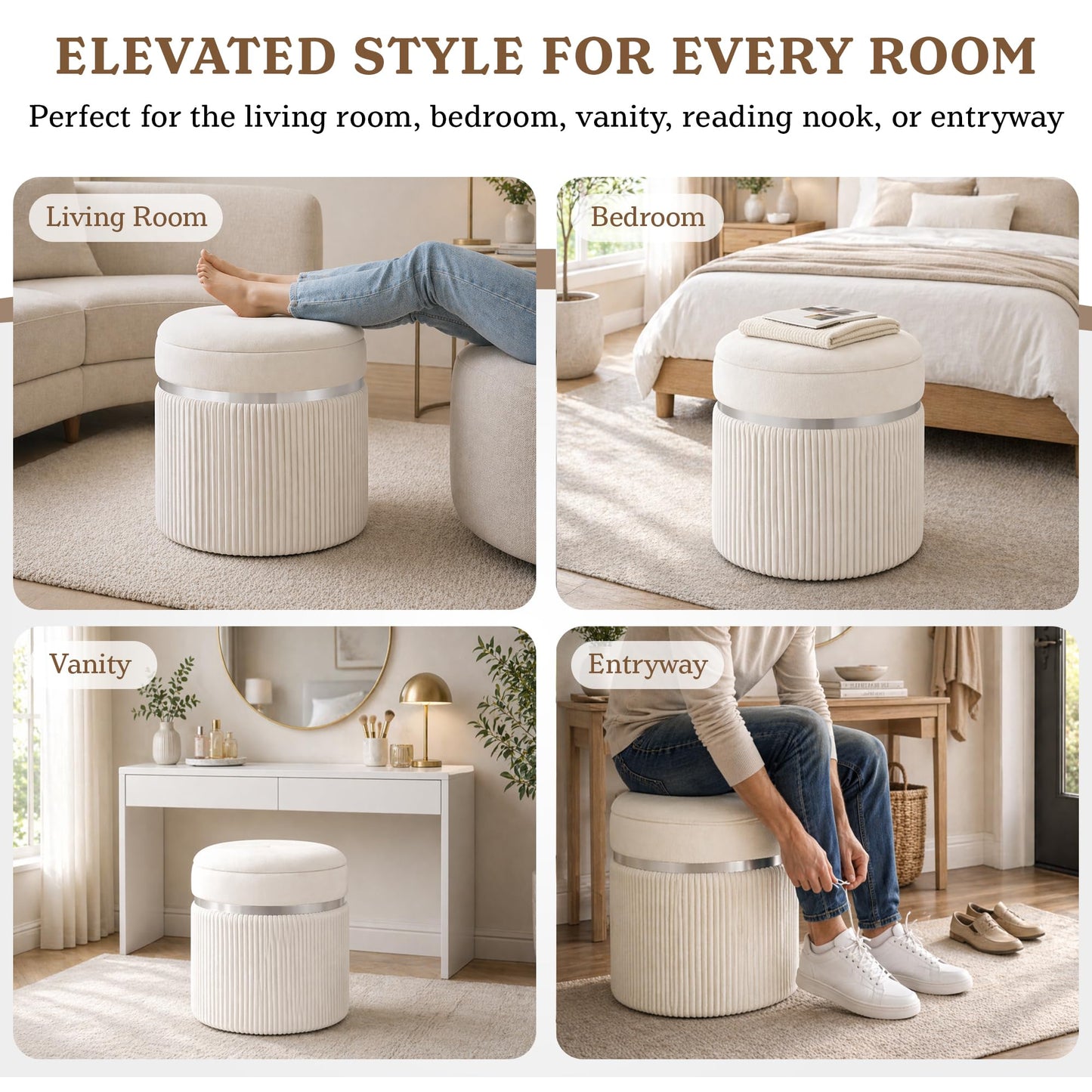 Round Storage Ottoman Set of 2 - White Ottoman with Storage for Living Room - Velvet Vanity Stool and Footrest - Round Nesting Ottoman Stools for Bedroom Makeup Area - Hidden Storage
