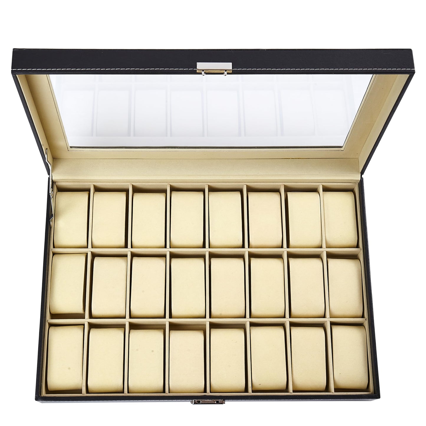Baojulong 24-Slot Black PU Leather Watch Box, Watch Organizer with Clear Lid, Fits Various Watch Styles