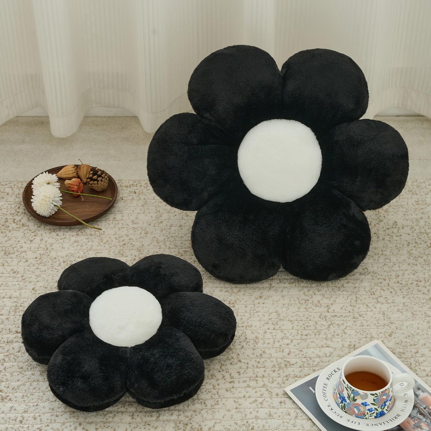 PLAYSKY Flower Pillow, Decorative Throw Pillows for Couch Bed, Cute Daisy Home Decor Flower Shaped Pillows for Bedroom Living Room (Black, 19.6 Inches)