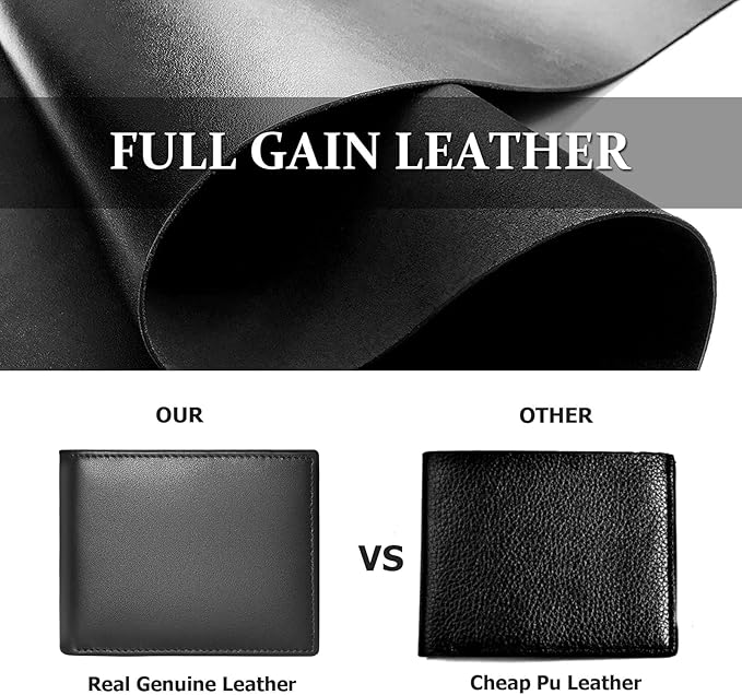MARZAHAR Genuine Leather Mens Wallet, RFID Blocking Bifold Wallet for Men with ID Window, 11 Credit Card Slots (Black)
