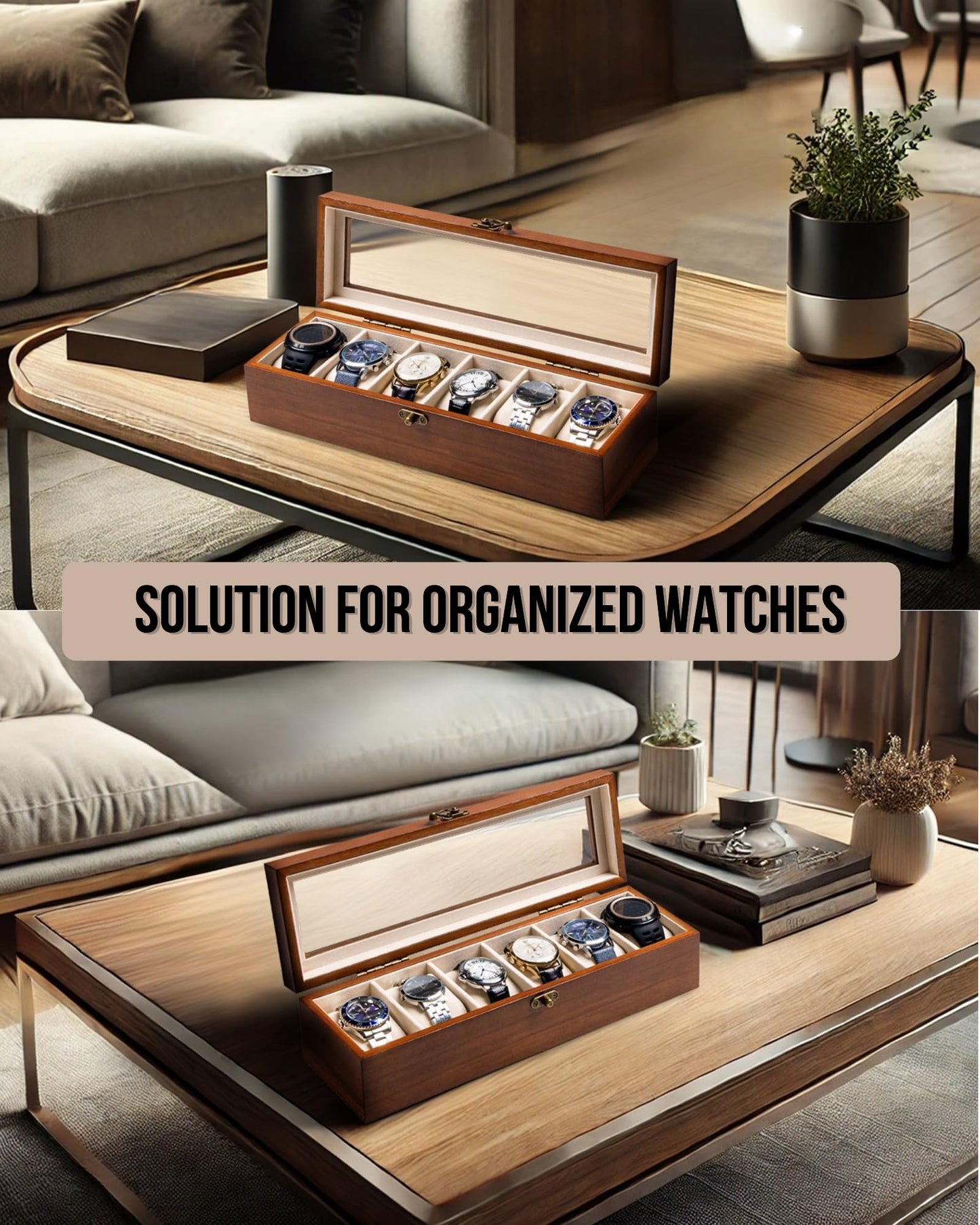 Exper City Watch Box, Watch Case for Men Women with Large Glass Lid, Wooden Watch Display Storage Box with 6 - Slots, Classic Walnut Mens Watch Box Organizer